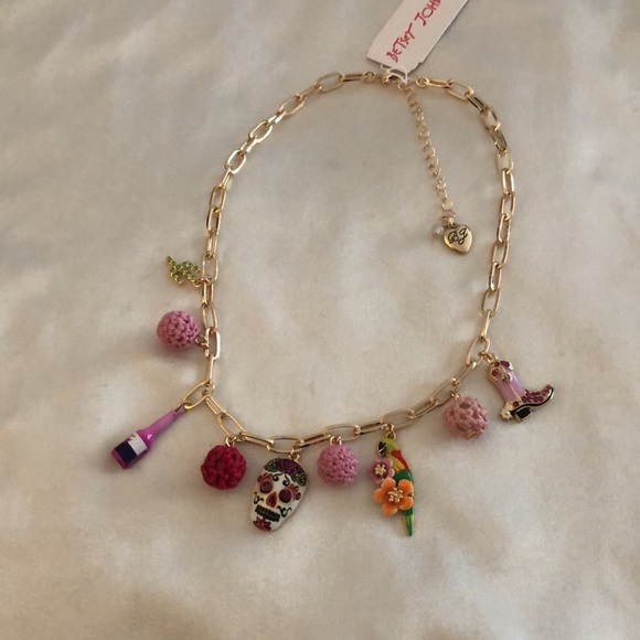 Betsey Johnson Gold Tone Paper Clip Charm Necklace Cactus, Skull, Boot NWT - Picture 13 of 16